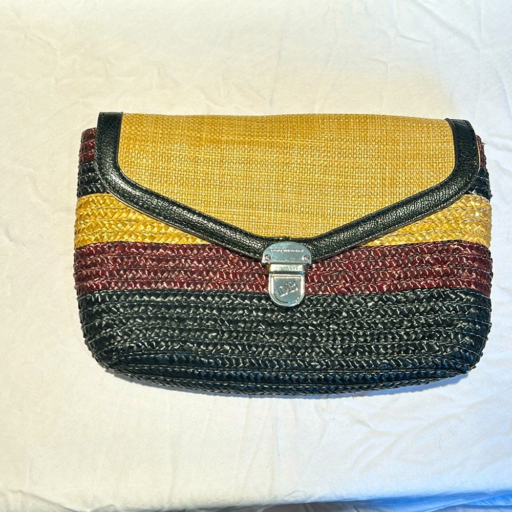 Dana Buchman woven straw black, brown and tan clutch